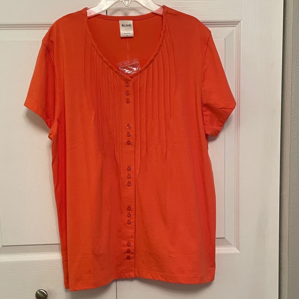 NWOT BLAIR Orange Button Down Short Sleeve Shirt Large
